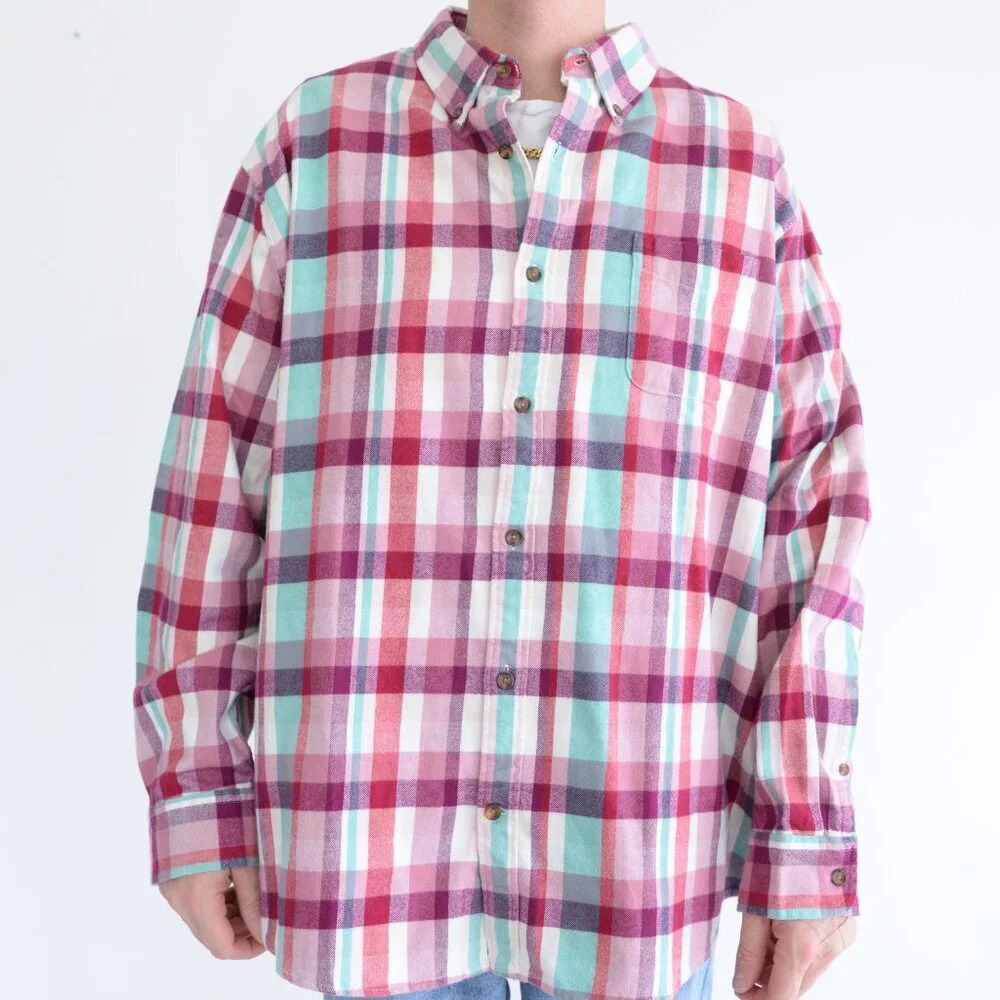 Lands' End Purple Teal Checker Pattern Button Down Traditional Fit Cotton Shirt